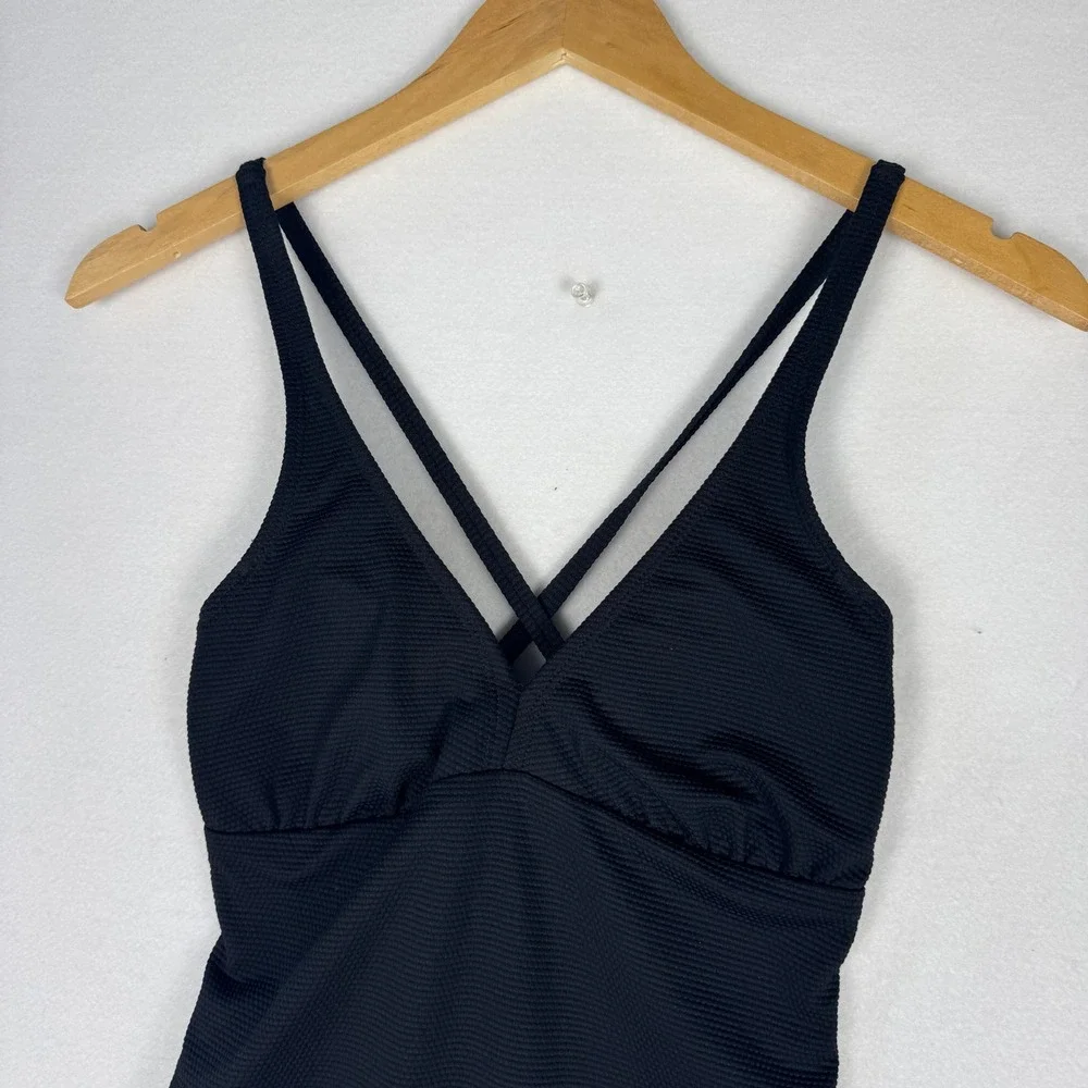 Catalina‎ Womens Black Ribbed One Piece Swimsuit Double Strap V-Neck Small 4-6